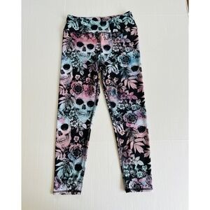 Evolution n Creation Sz M Skull Print Multi Color Crop Leggings Stretch Pull On
